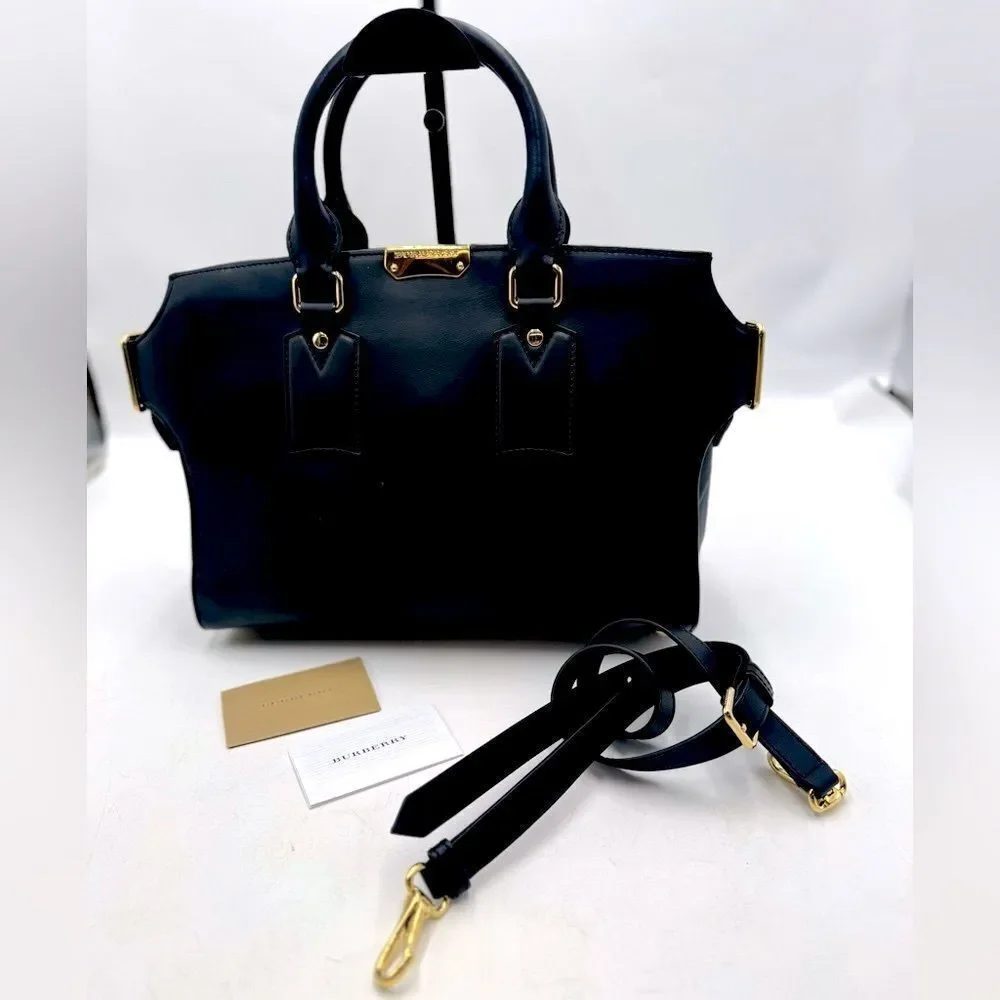 Auth Burberry Black Matte Leather Clifton Convertible 2way Handbag Purse